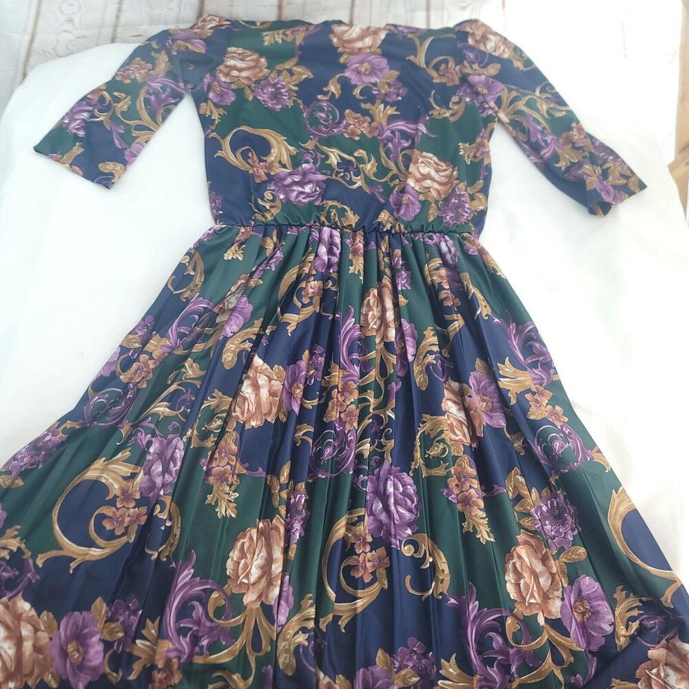 Vintage Elmora Green Blue Purple Flower Blouson Top Pleated Skirt Sizez 14 Dress